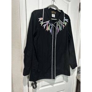 Bob Mackie Wearable Art Top Womens L Black Button Up Bow Tie Embroidery Rodeo